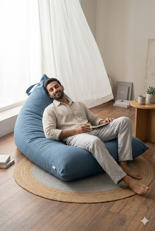 man relaxing on a cotton bean bag