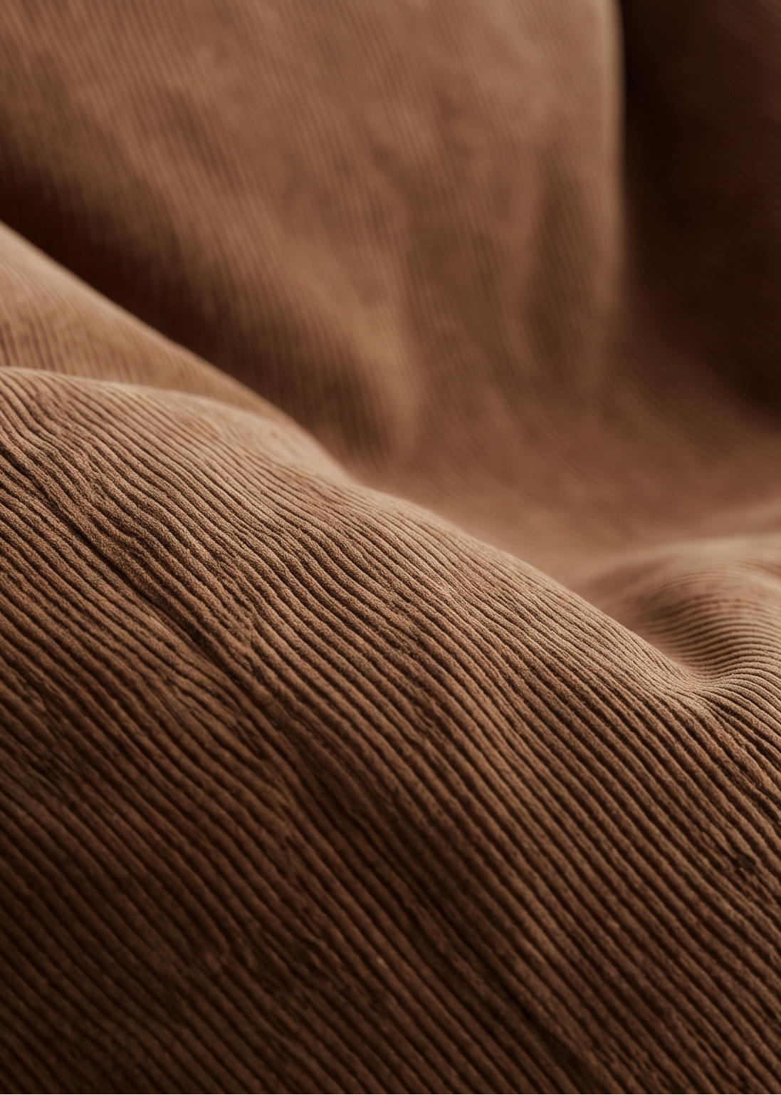 Close-up of a brown corduroy fabric surface with visible ribbed texture and soft folds.