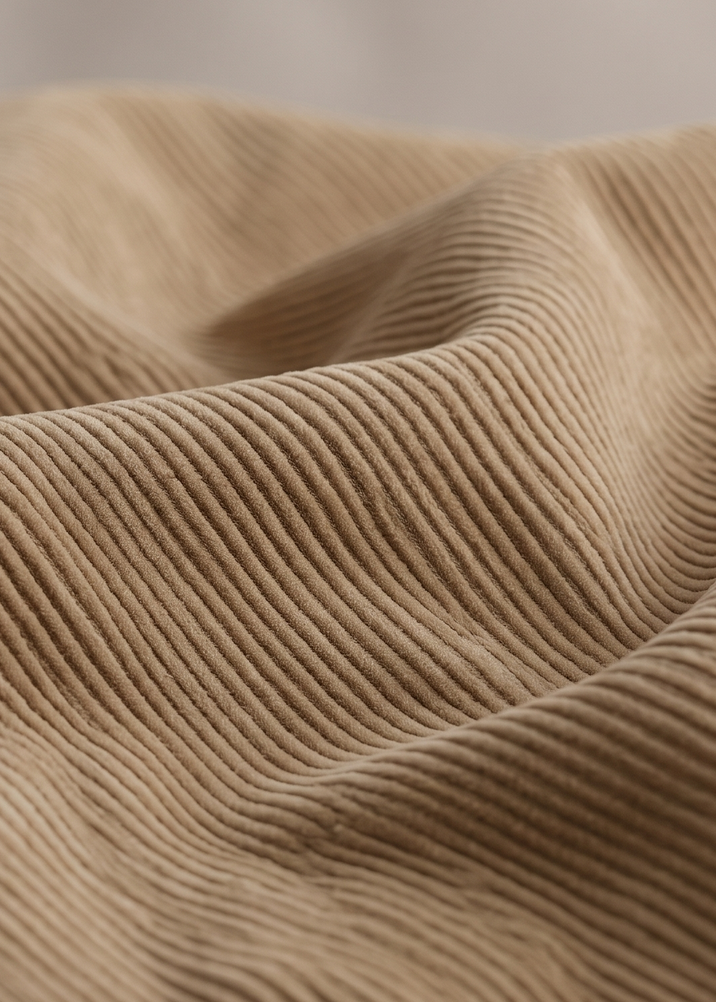 Close-up of a draped beige corduroy fabric with fine ribbed texture and soft folds.