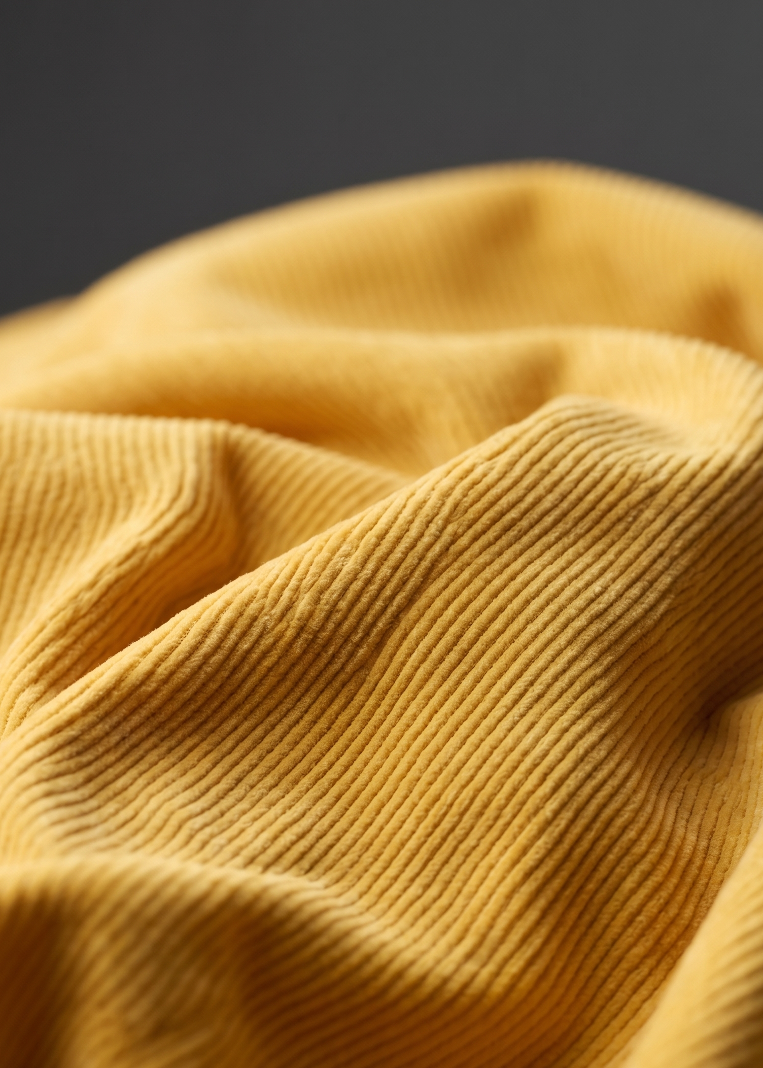 A close-up of draped mustard yellow corduroy fabric with a ribbed texture against a dark gray background.