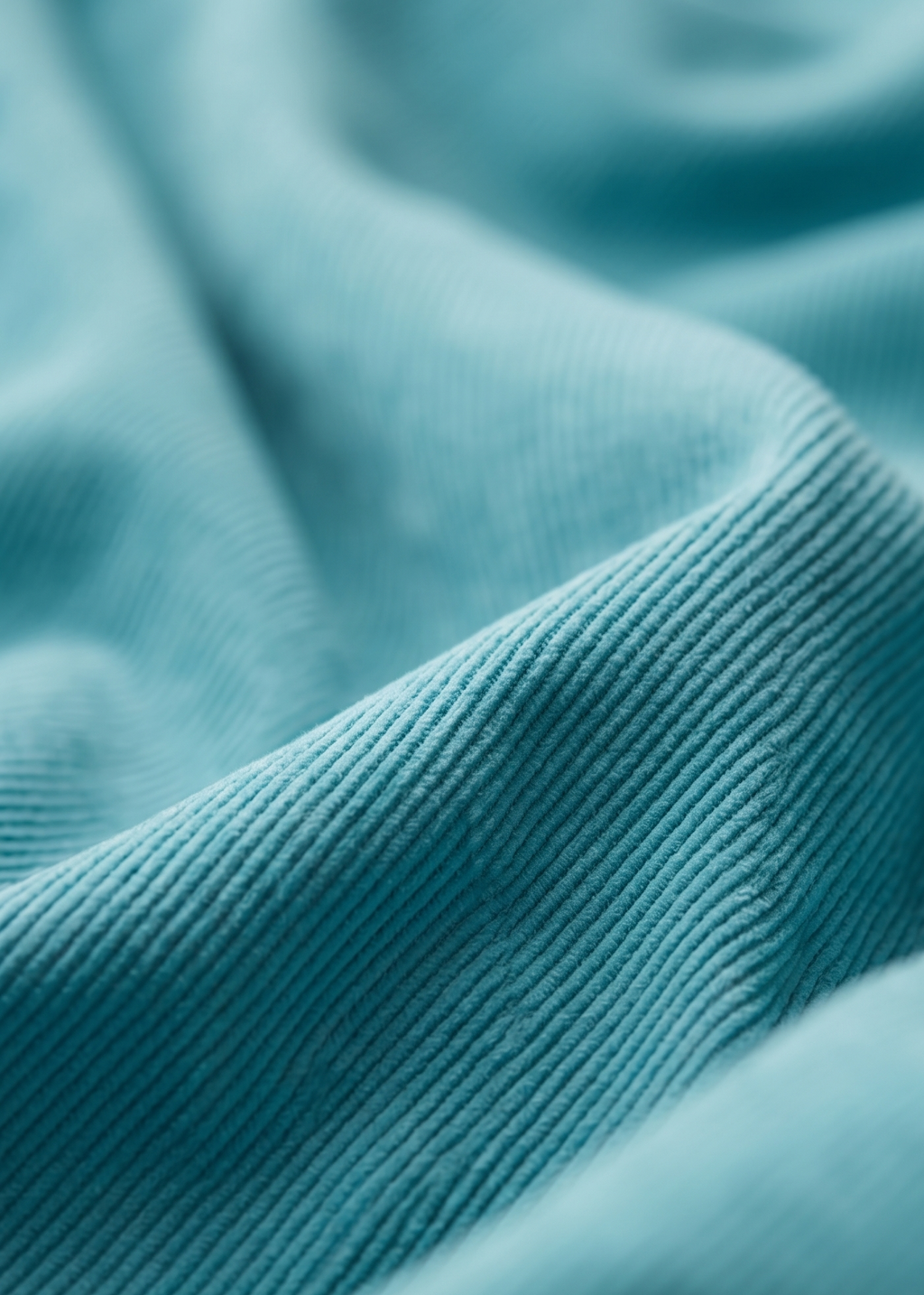 A close-up of draped ribbed corduory fabric in a soft aqua blue colour, showing the texture and folds.