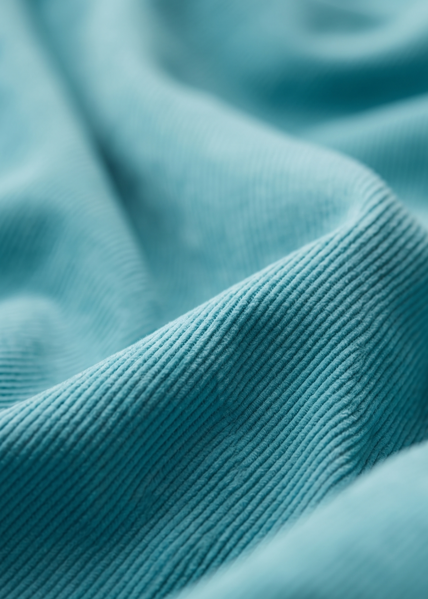 A close-up of draped ribbed corduory fabric in a soft aqua blue colour, showing the texture and folds.