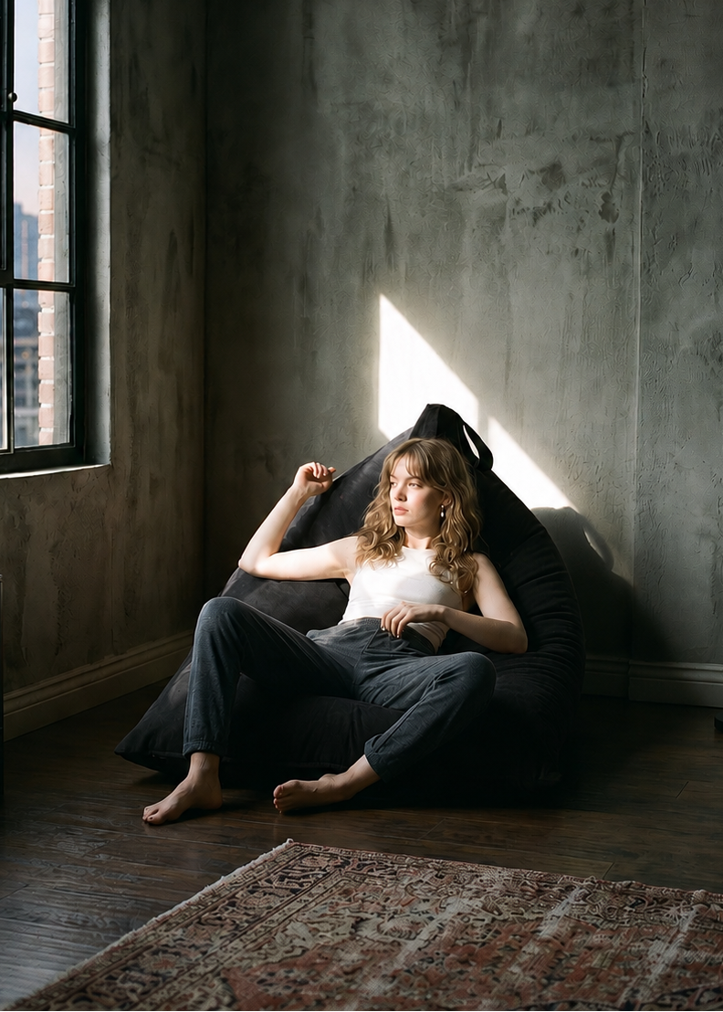 A woman sits barefoot on a large black beanbag chair in a dimly lit, industrial-style room with concrete walls and a large window. She is wearing a white tank top and dark gray pants.