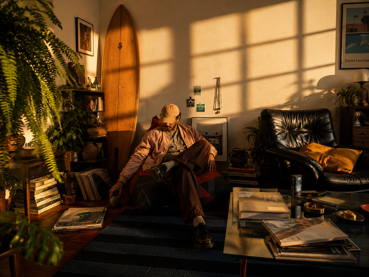 A man lounges on a red armchair in a warmly lit, cozy living room with strong sunlight casting windowpane shadows across the wall. He is wearing a beige cap, a pinkish jacket, and brown pants.