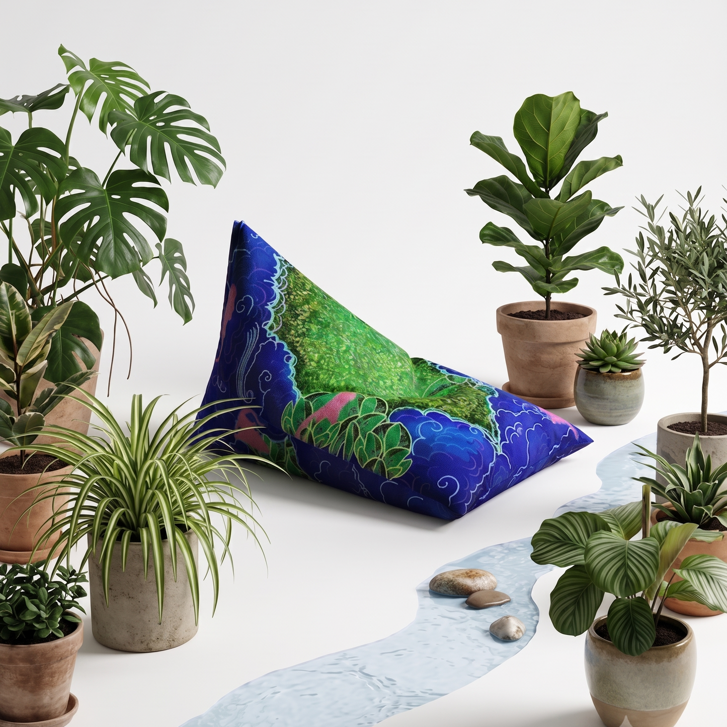 Decorative bean bag with a nature-themed design surrounded by potted plants on a white surface.