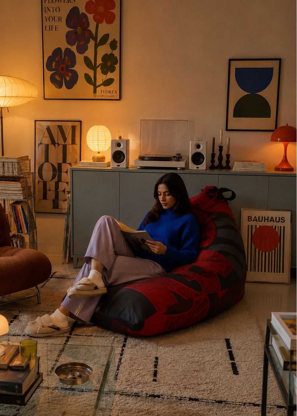 A woman relaxes in a red and black patterned bean bag chair in a cozy, warmly lit living room, reading a book. The room features mid-century modern decor, including floral and geometric wall art, a record player, and a glass coffee table in the foreground.