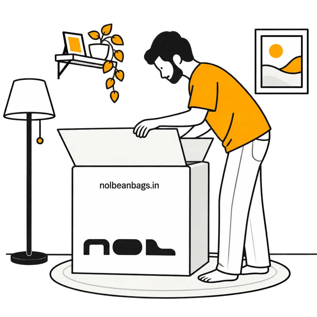A minimalist line-art illustration of a man in an orange shirt and white pants leaning over a large white box labeled 'noibeanbags.in' in a room with a floor lamp, shelf, plant, and framed picture.