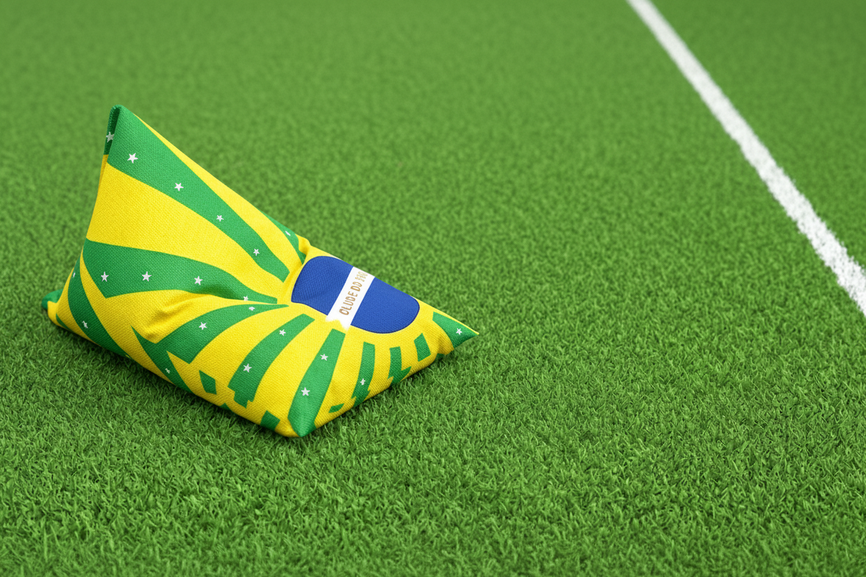 Bean bag chair with brasil design - green, yellow, and blue colors on a grassy field.