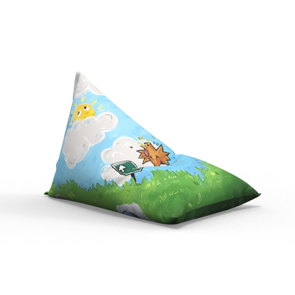 Triangular pillow with cartoon designs on a white background