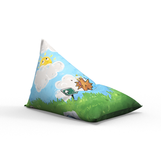 Triangular pillow with cartoon designs on a white background
