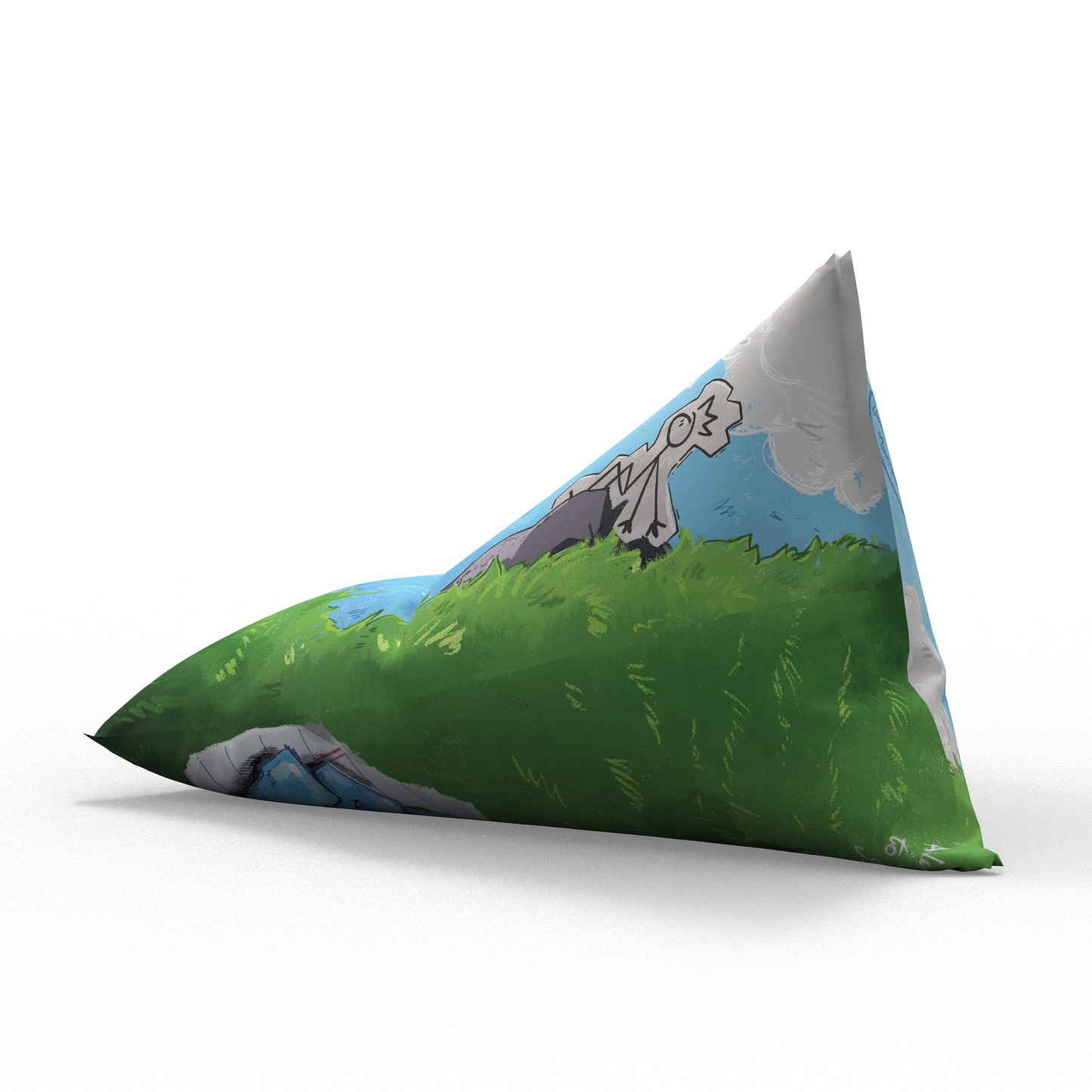 Triangular pillow with nature-themed design on a white background