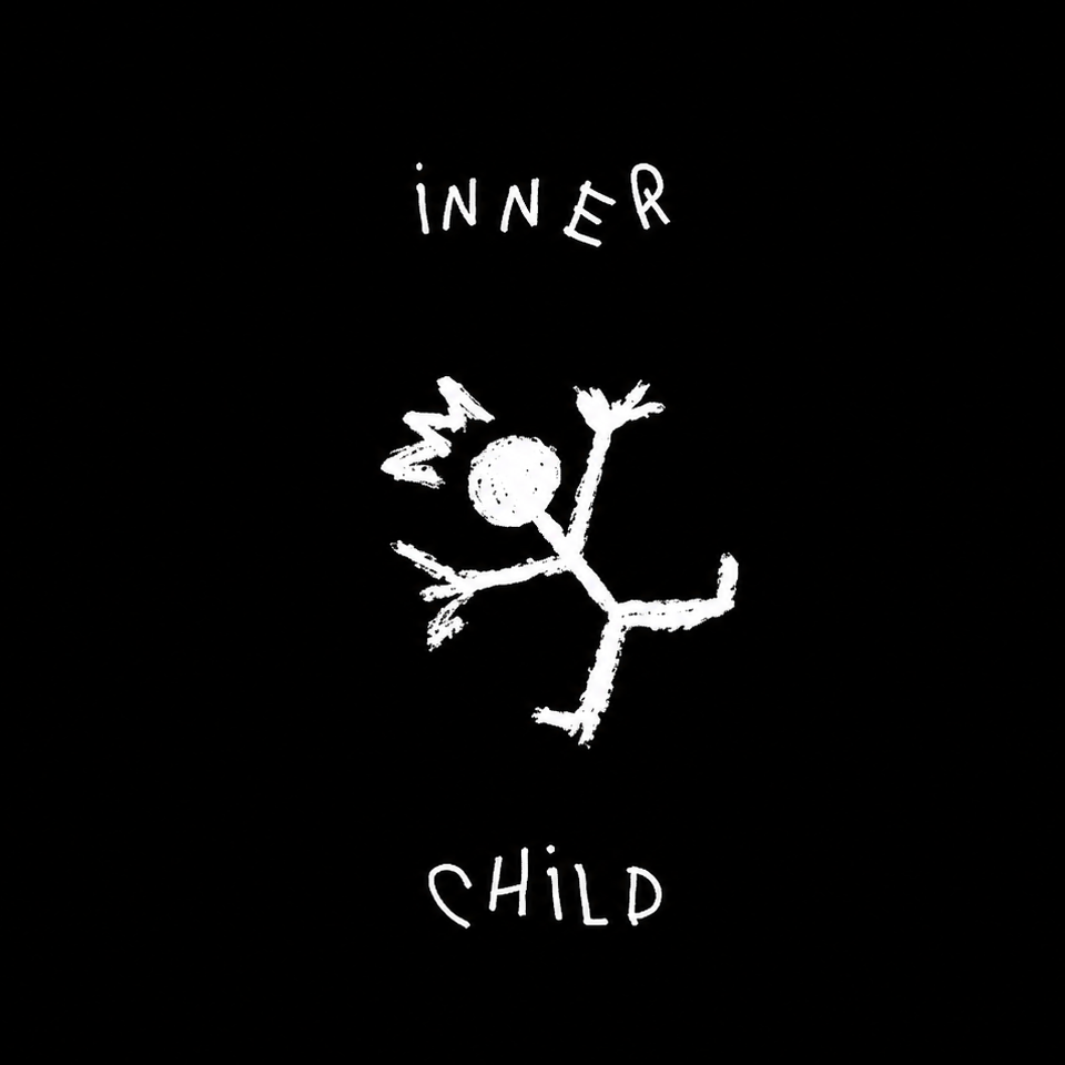 A black square graphic with the words 'INNER CHILD' in a white hand-drawn font, centered around a simple white stick-figure drawing with a circle head and scribbled limbs.