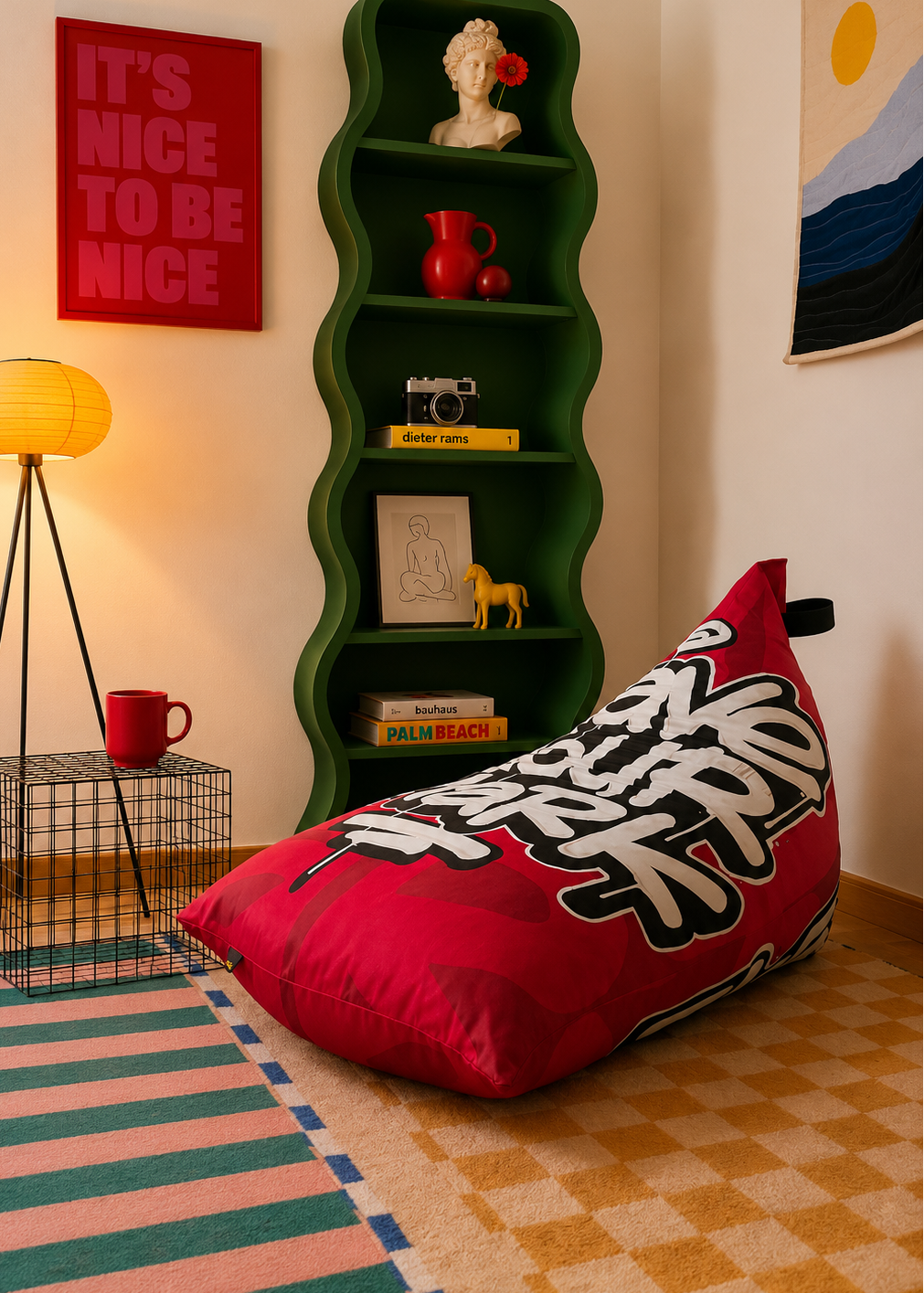 A red bean bag chair with bold black and white graffiti-style lettering sits on a checkered floor in a styled room. A green wavy bookshelf, a red floor lamp, and colorful wall art are visible in the background.