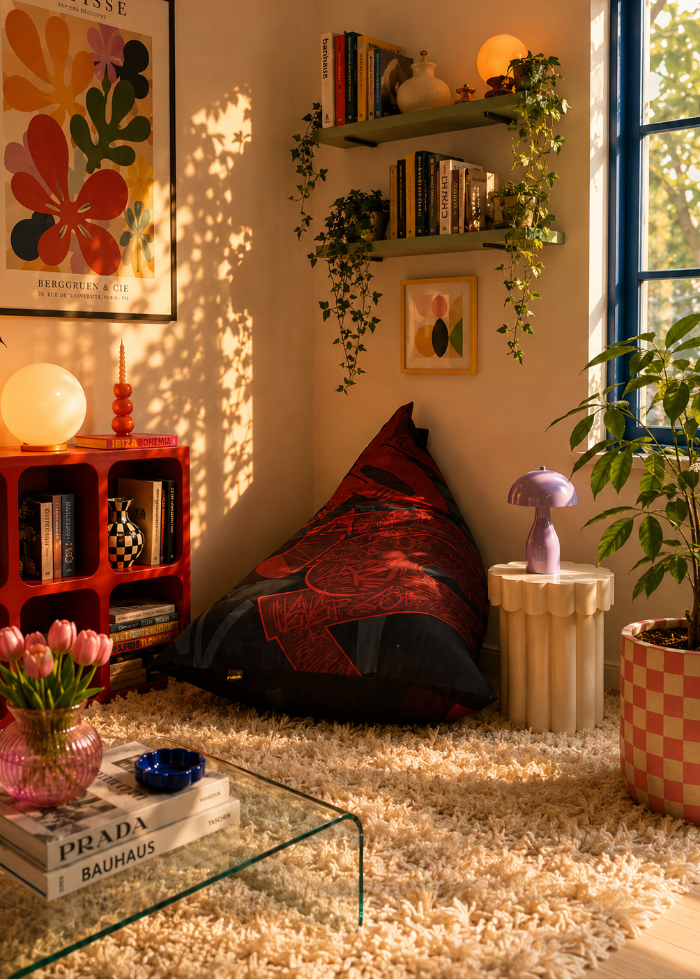 A cozy, sunlit corner of a living room featuring a red floor cushion with black graffiti-style text, a red shelving unit, a glass coffee table with pink tulips, and a warm yellow wall lamp.