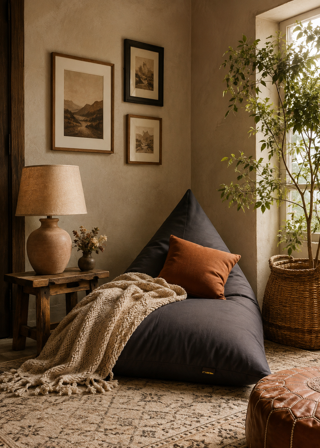 A dark charcoal gray bean bag chair in a cozy, rustic living room setting with a beige throw blanket, an orange accent pillow, a wooden side table with a lamp, and a potted plant by a window.