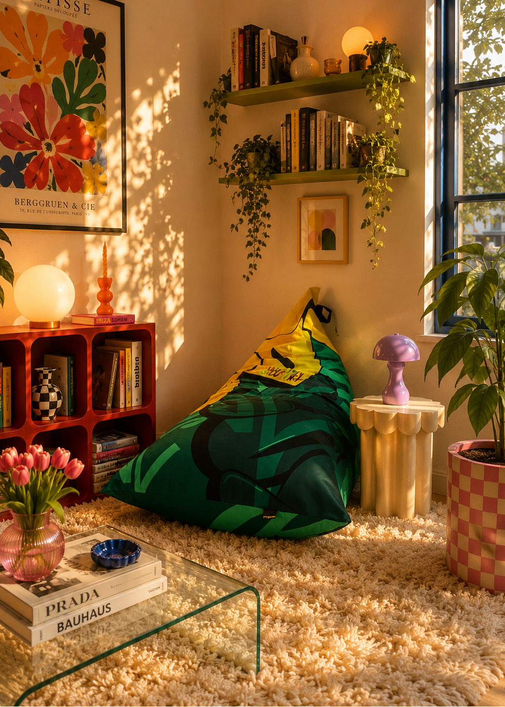A cozy, sunlit living room corner featuring a green and yellow patterned bean bag chair on a shag rug. A red bookshelf, green floating shelves with trailing plants, and a window are visible in the background, creating a warm, boho-chic atmosphere.