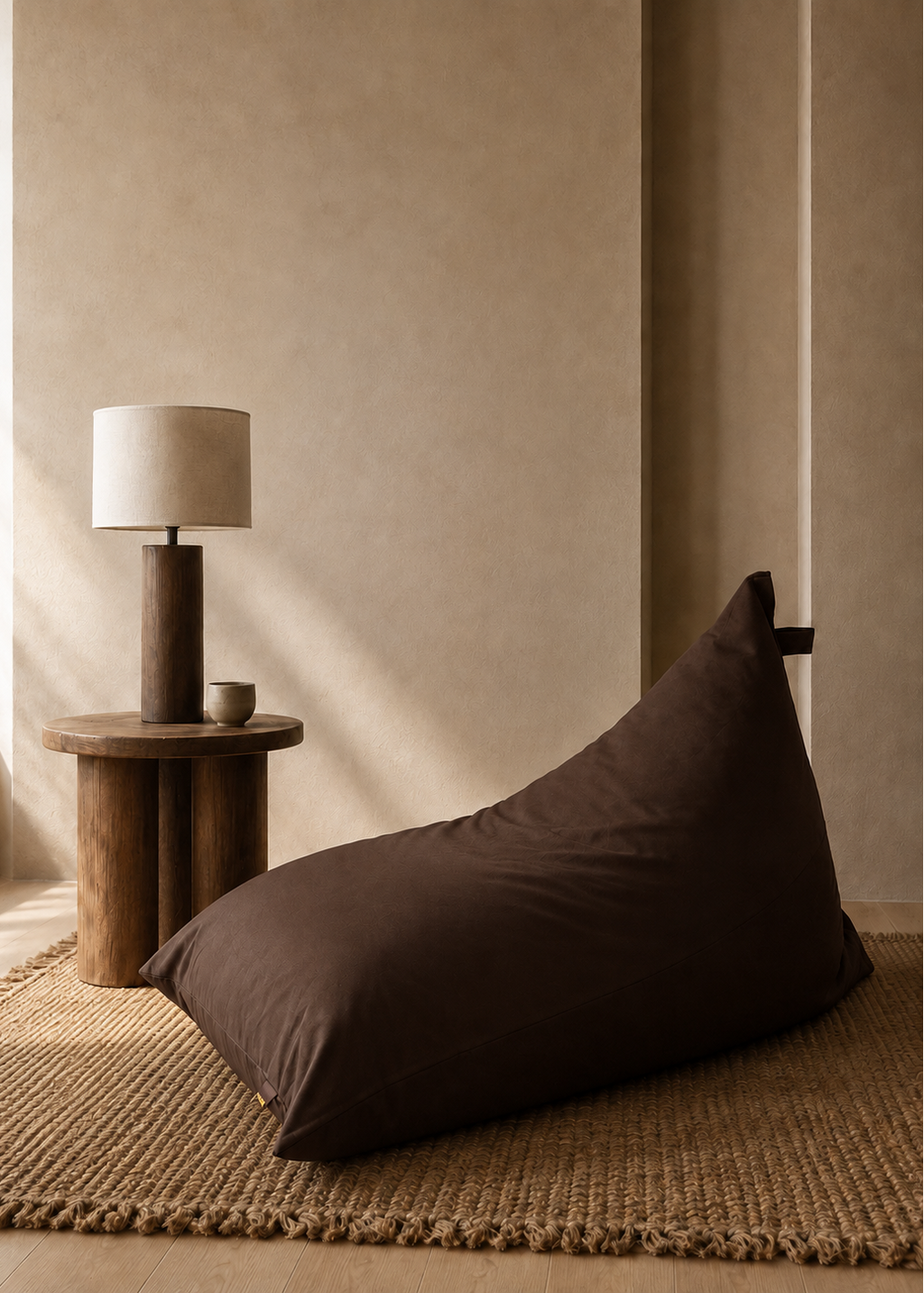 A dark brown fabric bean bag chair resting on a woven jute rug in a minimalist, warm-toned room next to a wooden side table and lamp.
