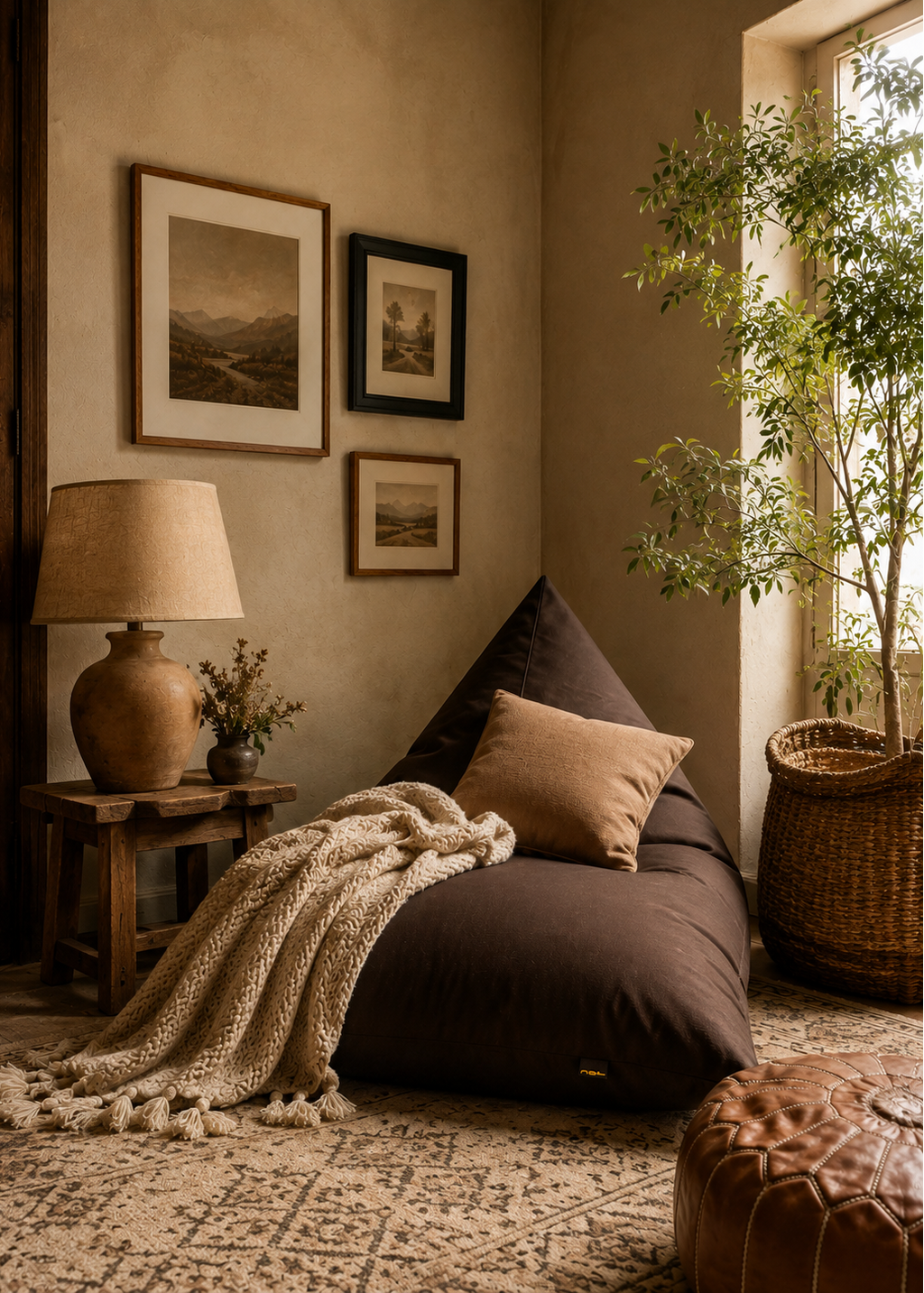 A cozy corner room scene featuring a dark brown bean bag chair with a matching throw pillow, styled with a chunky cream knit blanket. The setting includes a rustic wooden side table with a clay lamp, framed landscape prints on a textured beige wall, a patterned rug, and a potted tree in a wicker basket near a window.