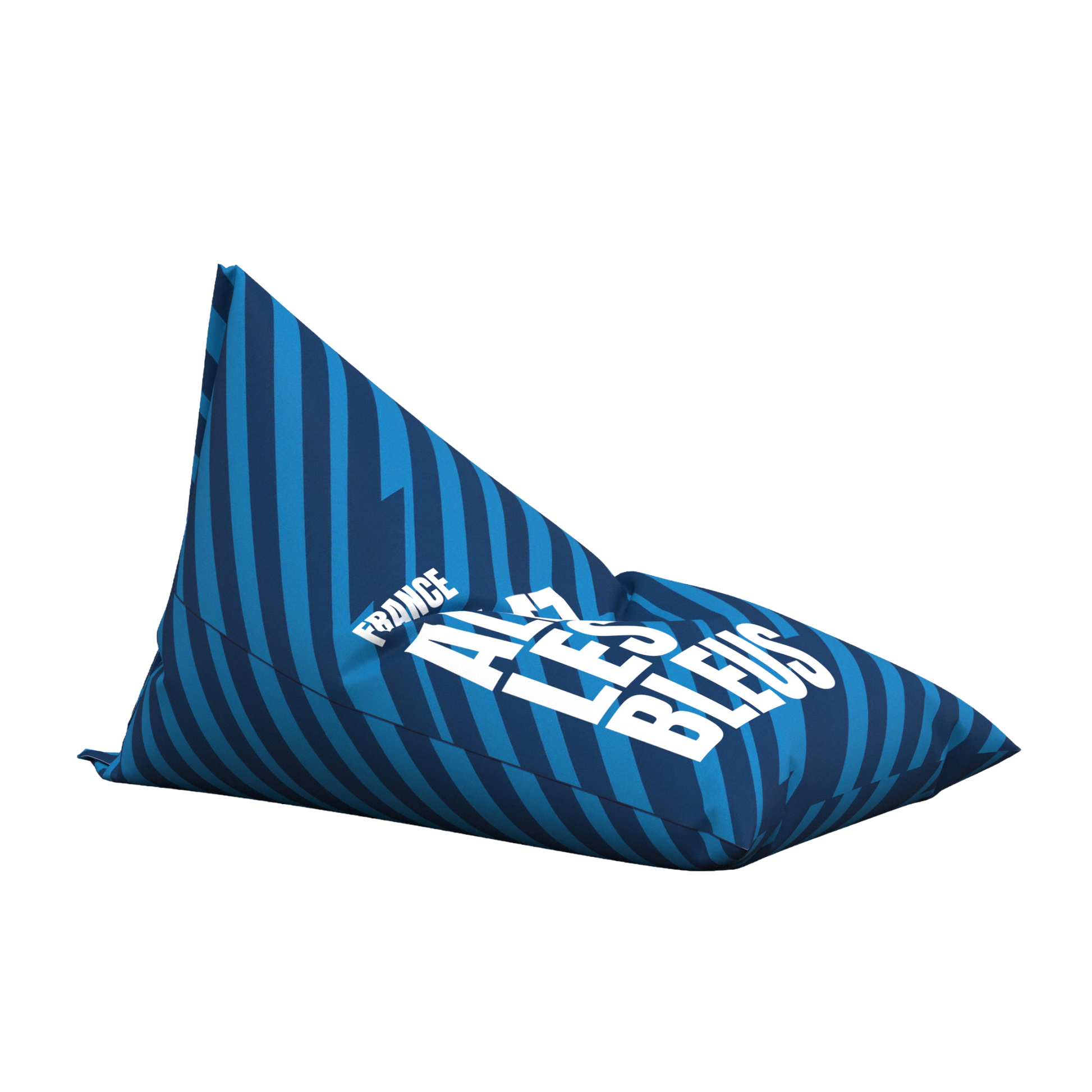 Blue bean bag chair with white text on a white background