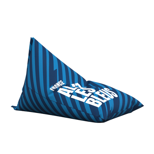 Blue bean bag chair with white text on a white background