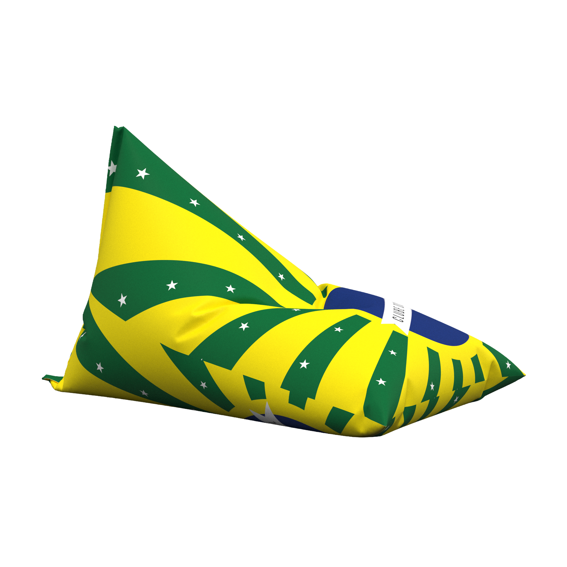 Triangular bean bag with green and yellow pattern on a white background