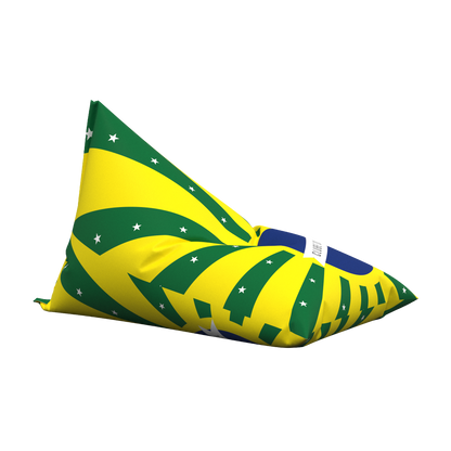 Triangular bean bag with green and yellow pattern on a white background