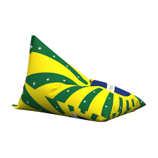Triangular bean bag with green and yellow pattern on a white background