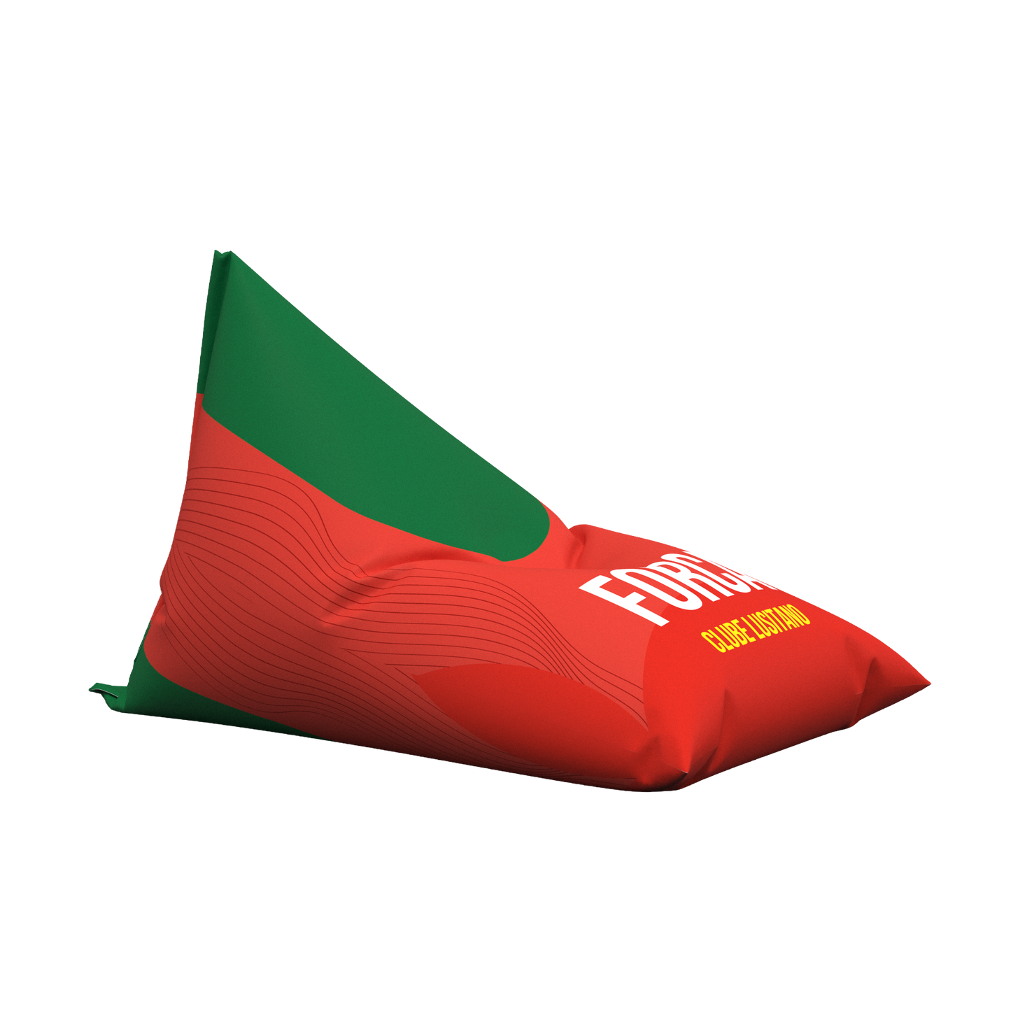 Red and green bean bag chair on a white background