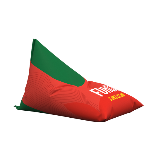 Red and green bean bag chair on a white background