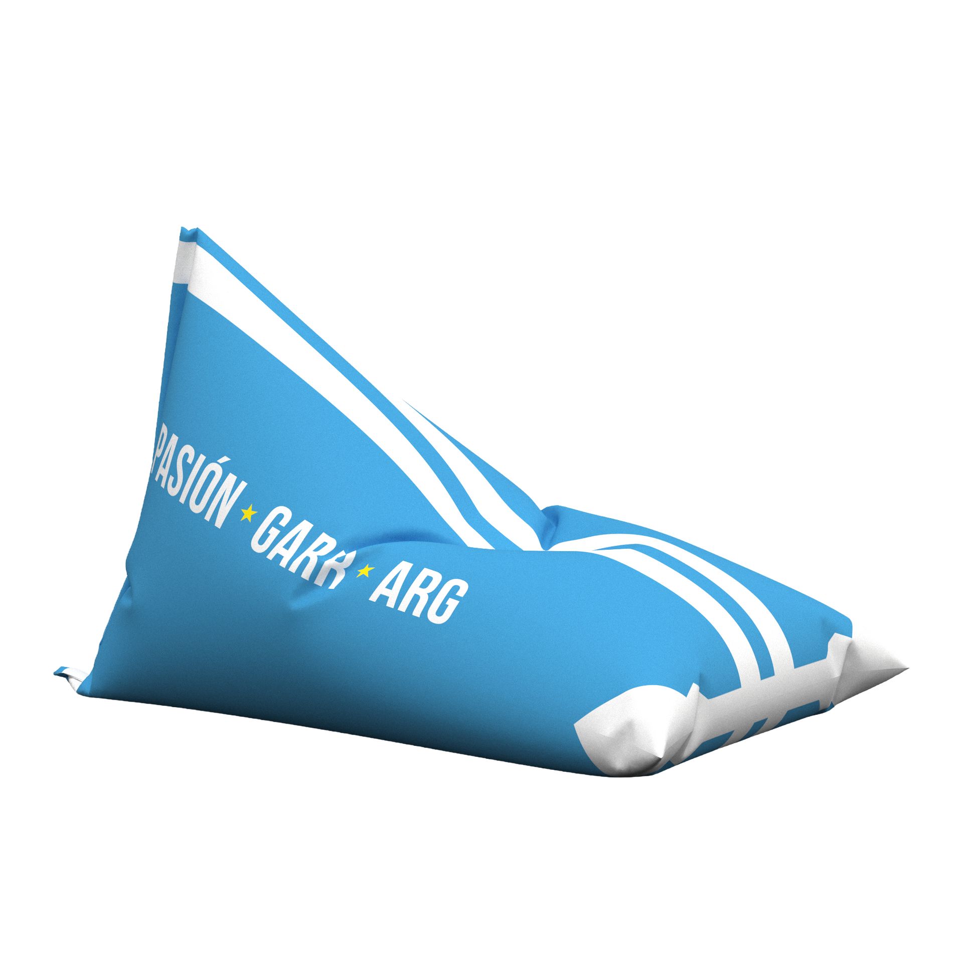 Blue bean bag chair with white text on a white background