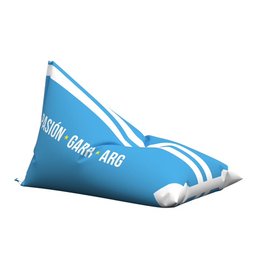 Blue bean bag chair with white text on a white background