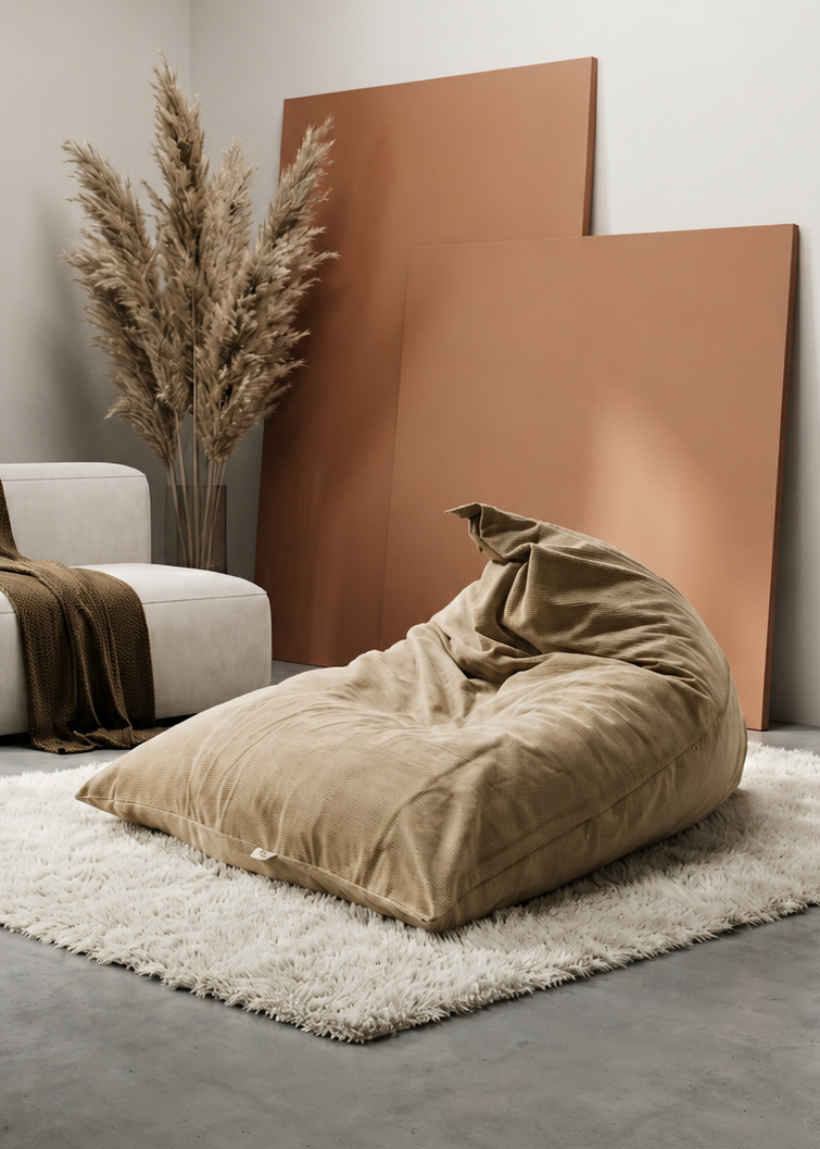 A styled interior corner with a white armchair draped in a brown throw, a tan floor cushion on a white shag rug, a tall vase of pampas grass, and two large terracotta panels leaning against a light wall.