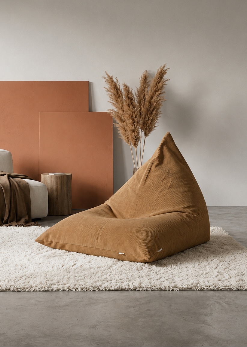 A tan velvet bean bag chair sits on a white shag rug in a minimalist room with a gray concrete floor, a white armchair, and terracotta panels in the background.