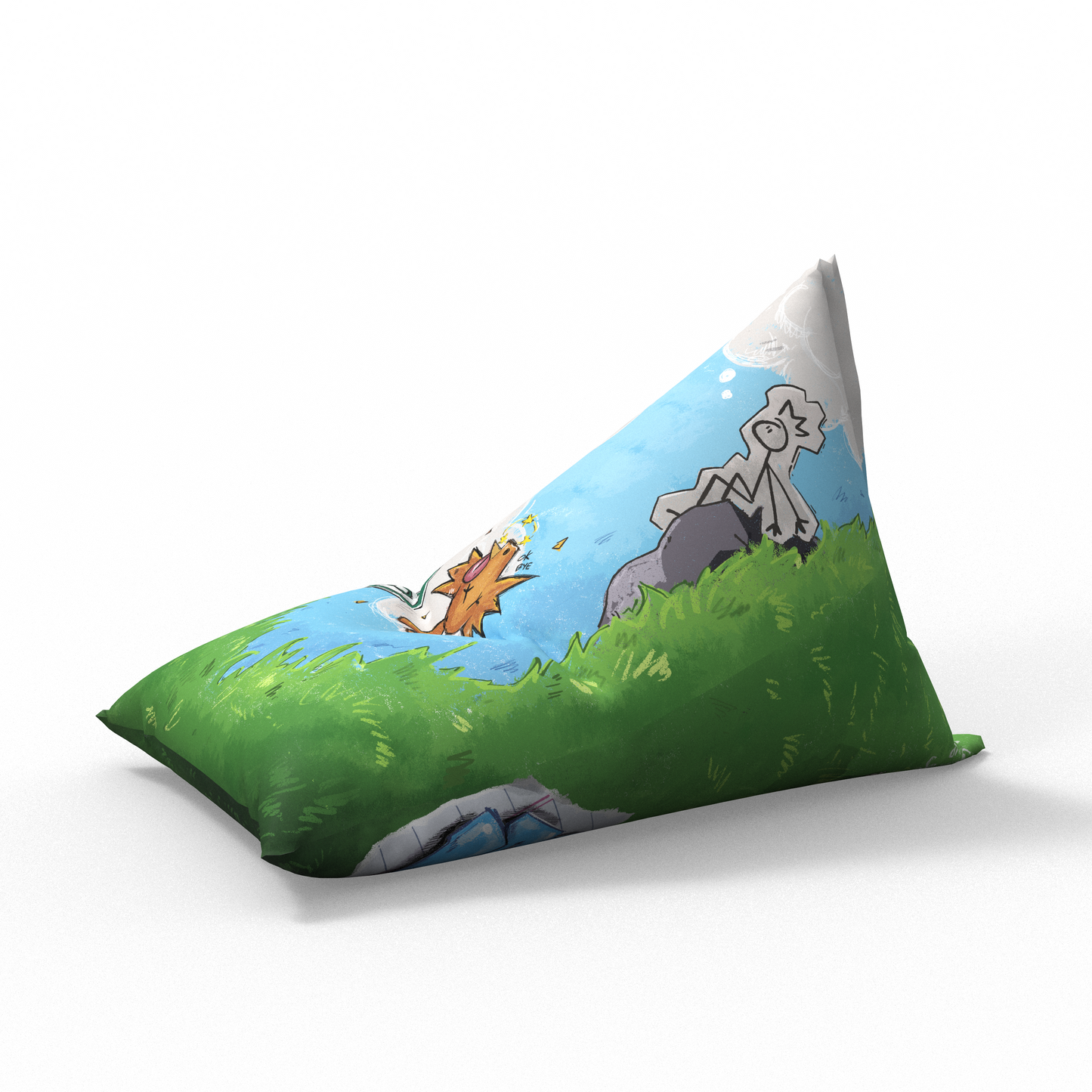 Decorative pillow with cartoon design of a dog and cat on grass
