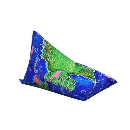 Decorative bean bag with a colorful pattern on a white background