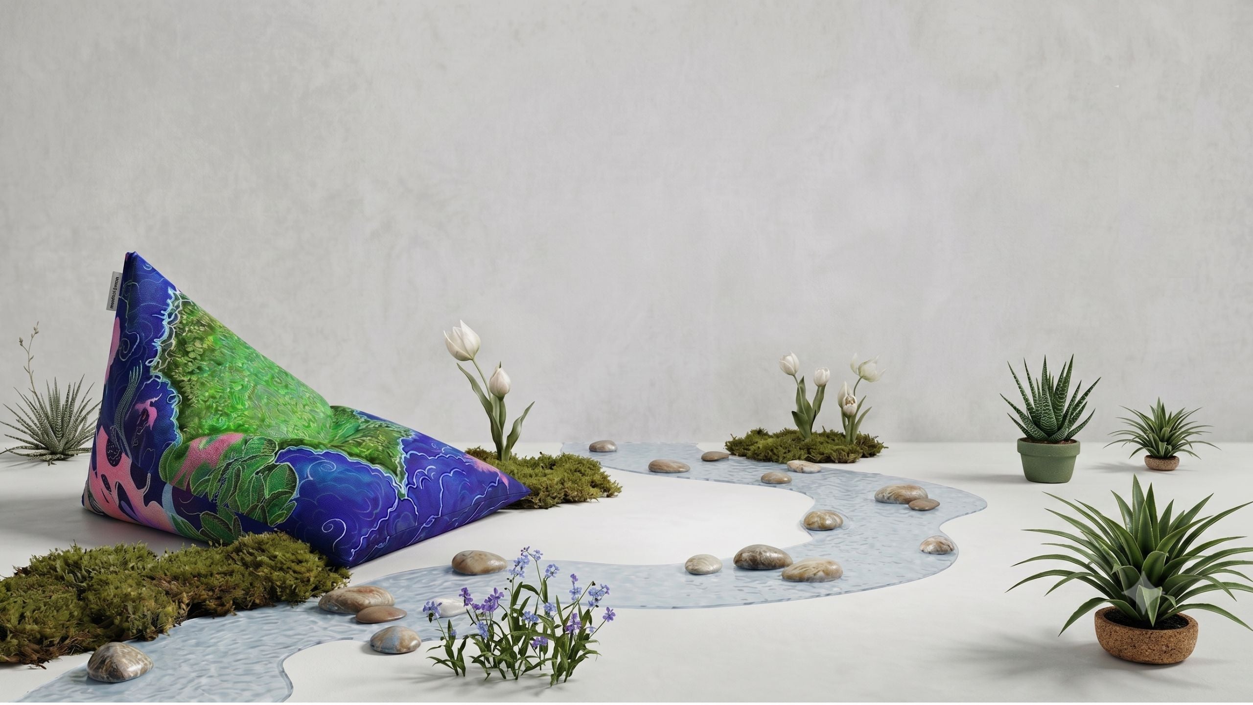 Decorative bean bag with a landscape design on a white surface with plants.