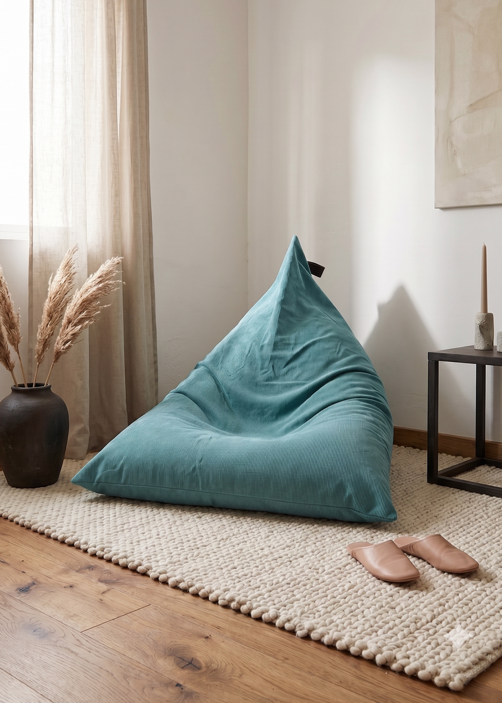 A teal bean bag chair sits on a cream woven rug in a bright, modern room with wood floors, beige curtains, a black side table, and a vase of pampas grass.