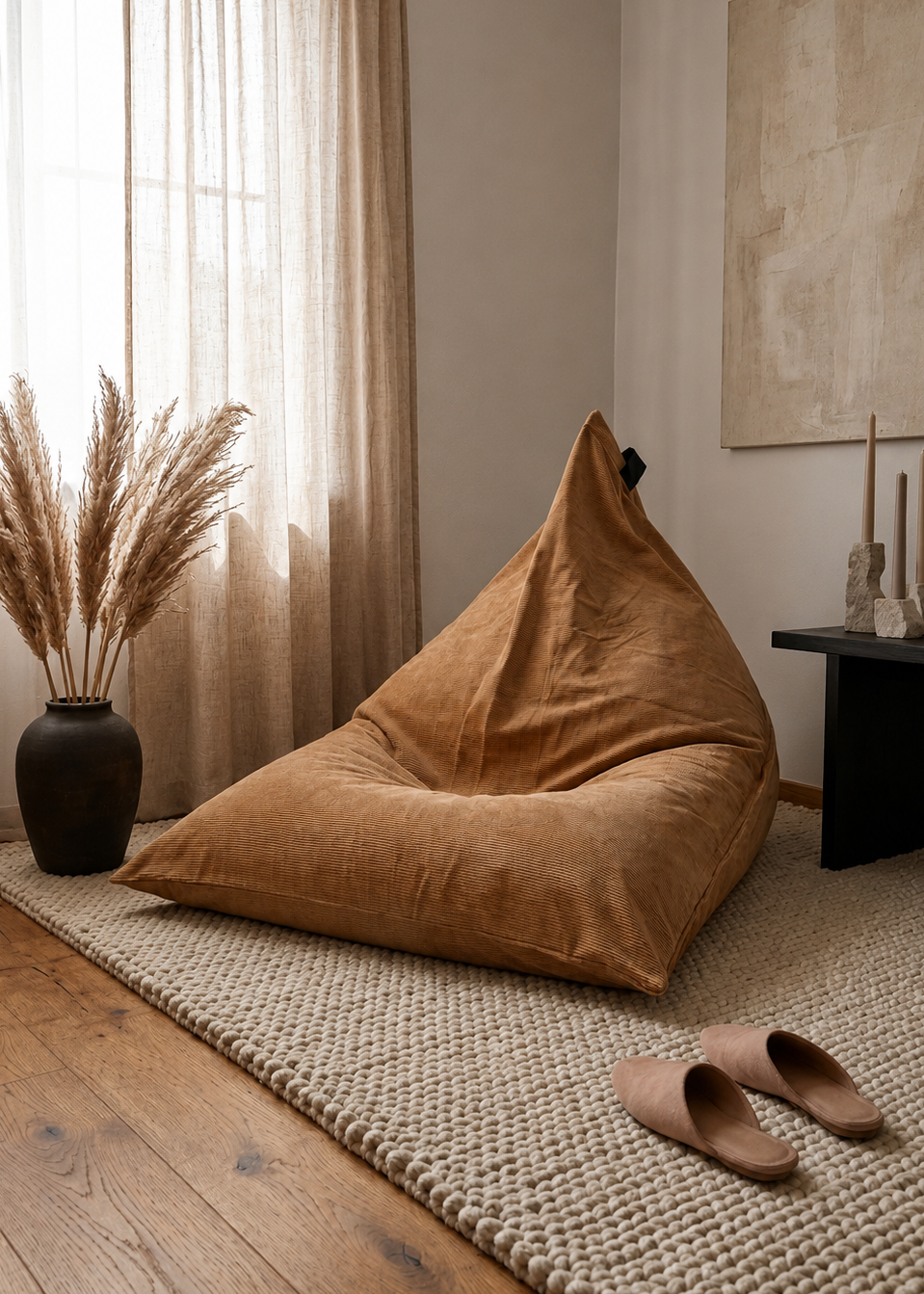 A large tan velvet bean bag chair sits on a woven jute rug in a warm, neutral-toned room with wooden floors, sheer curtains, a black vase with dried pampas grass, and a pair of matching tan slippers nearby.