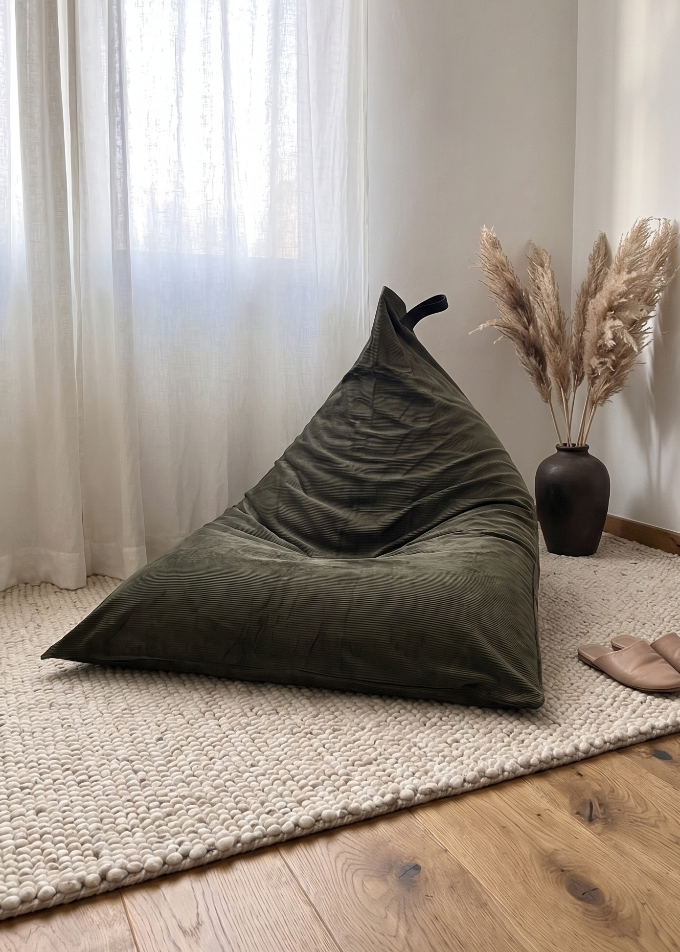 An olive green bean bag chair placed on a textured cream rug in a bright, modern room with light wood floors, sheer white curtains, and decorative pampas grass in a dark vase.