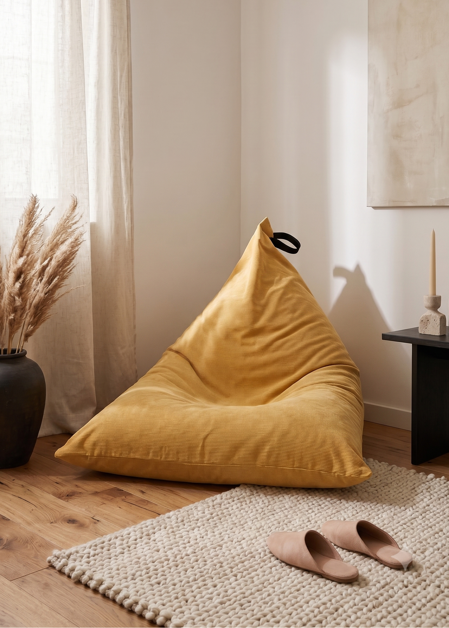 A mustard yellow velvet bean bag chair in a cozy, sunlit room with a wooden floor, a woven rug, a black side table, and a vase of pampas grass.