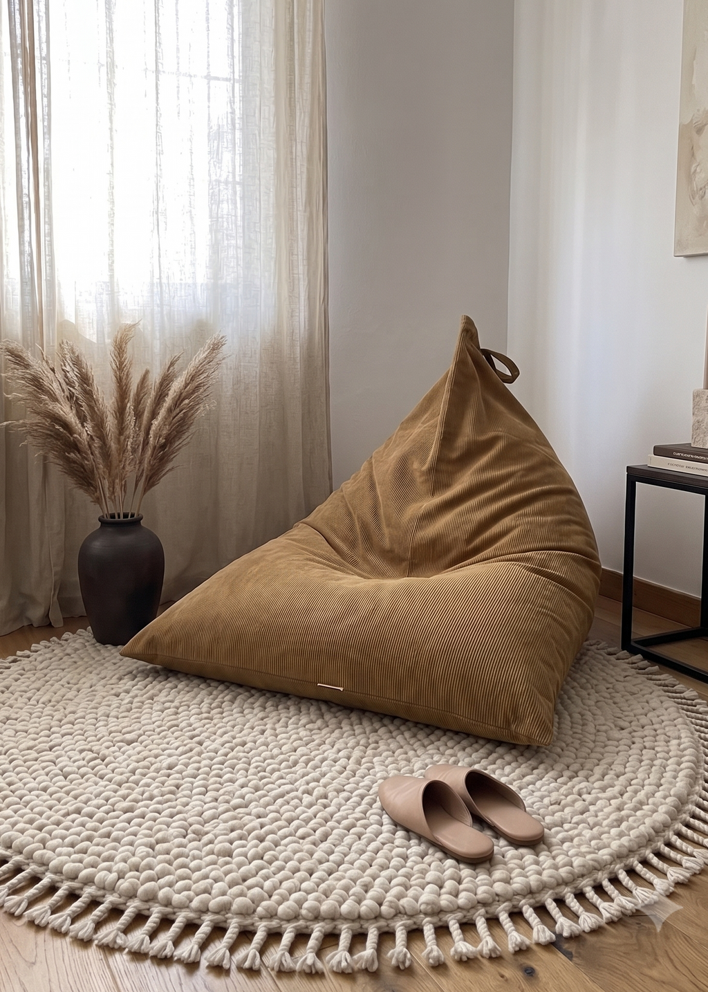 A orche corduroy bean bag chair placed on a round chunky off-white woven rug in a styled room corner with sheer curtains, a side table, dried grass decor, and a pair of matching slip-on shoes.