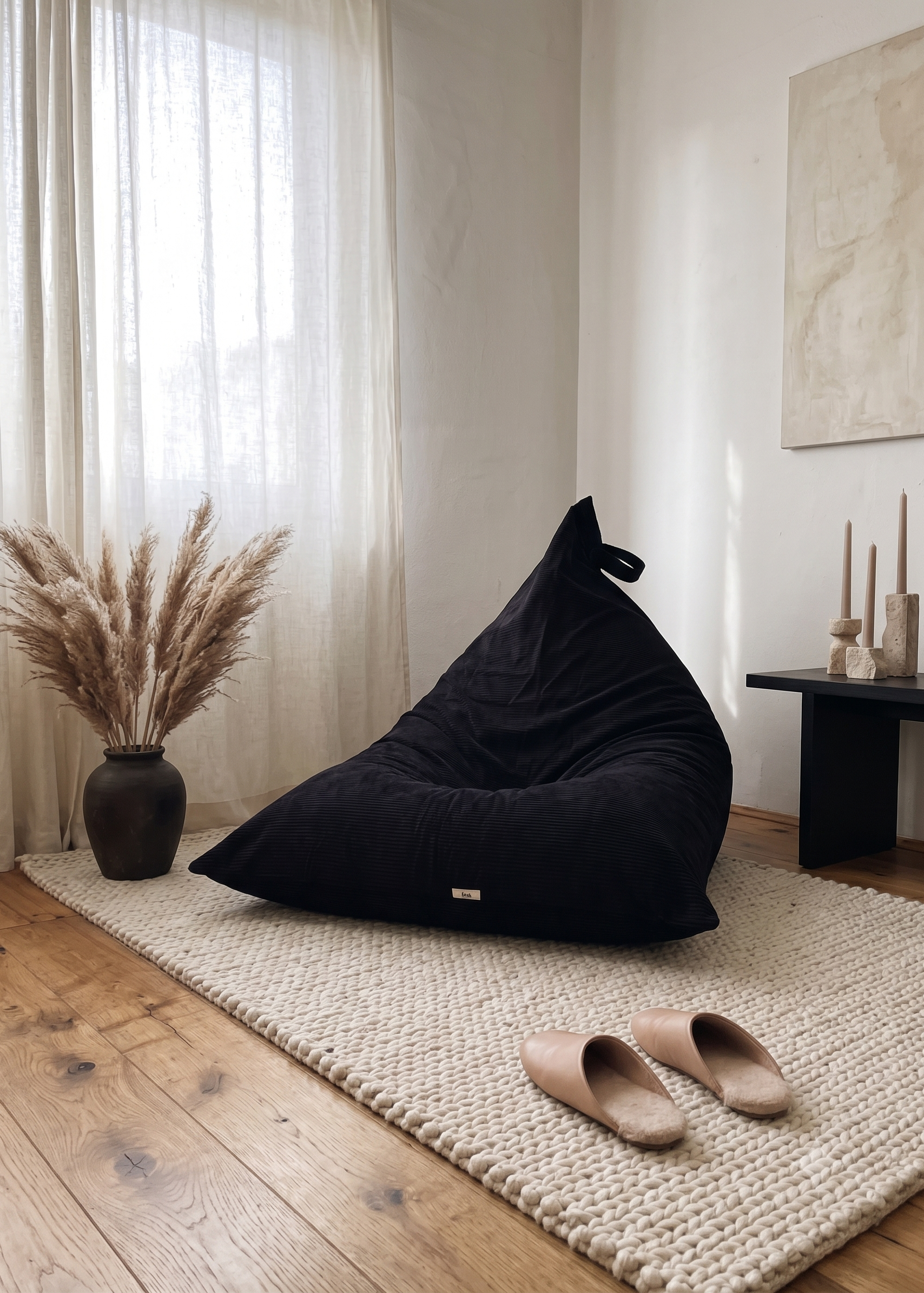 A navy bean bag chair sits on a chunky cream woven rug in a bright, modern room with light wood floors, sheer curtains, a vase of pampas grass, and a pair of tan slip-on slippers.