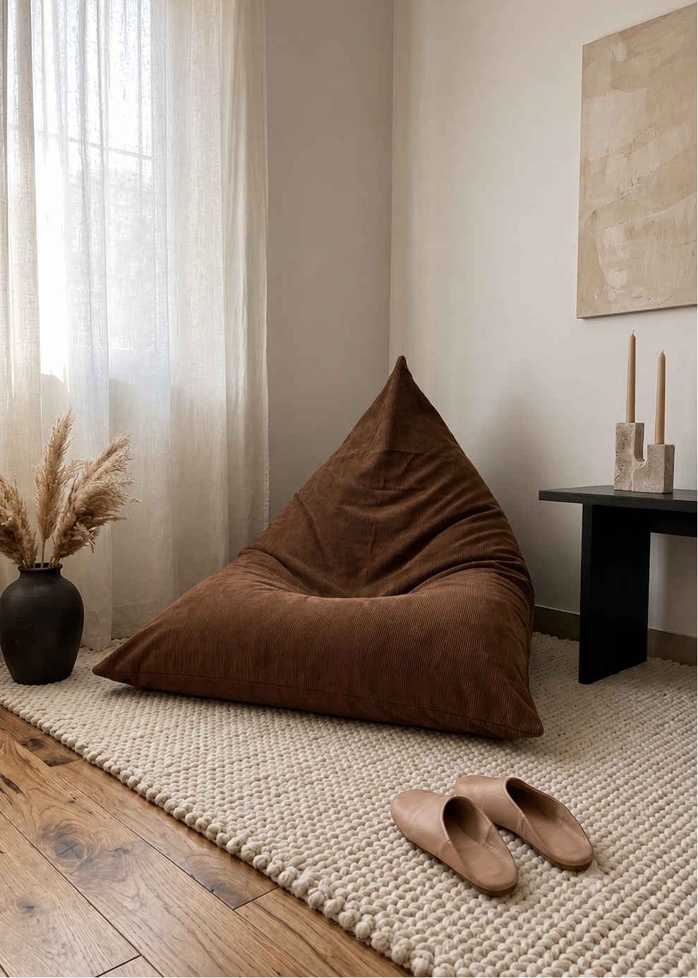 A large brown bean bag chair made of soft suede-like fabric, styled in a cozy room corner on a cream textured rug with a black side table, dried pampas grass, and a pair of beige slippers nearby.