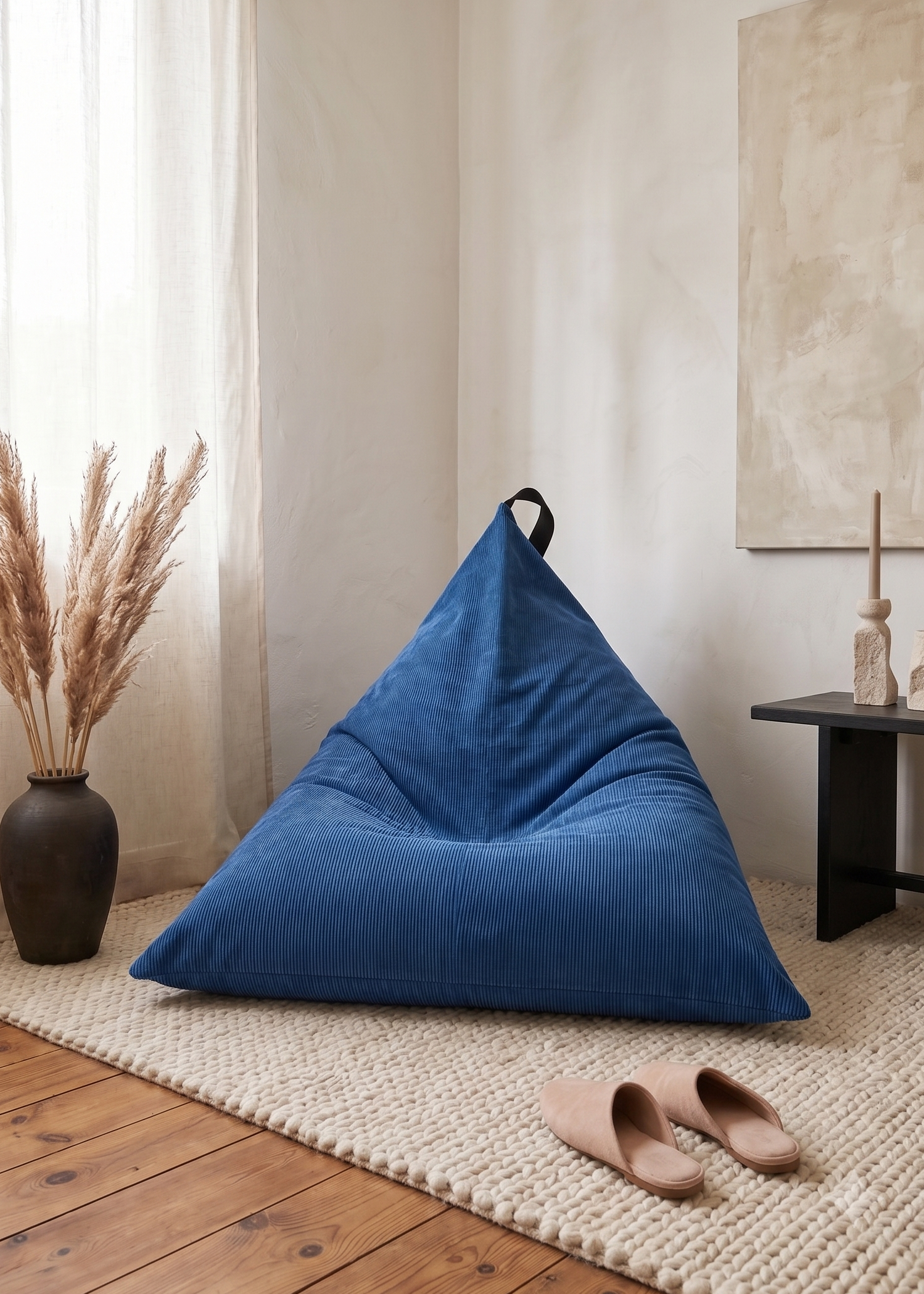 A blue corduroy bean bag chair placed on a woven rug in a styled room with a vase of dried grass, a side table, and a pair of beige slippers.