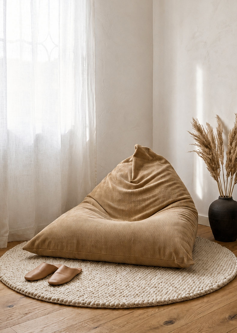 A large beige corduroy bean bag chair sits on a round woven jute rug in a bright, minimalist room with light wood floors, sheer white curtains, and a black side table with dried pampas grass.