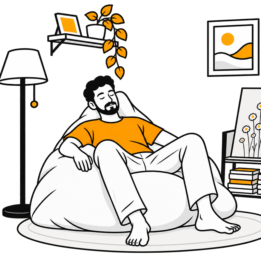 A minimalist vector illustration of a man relaxing in a white beanbag chair in a modern, stylishly decorated room. The man is wearing an orange t-shirt and white pants.