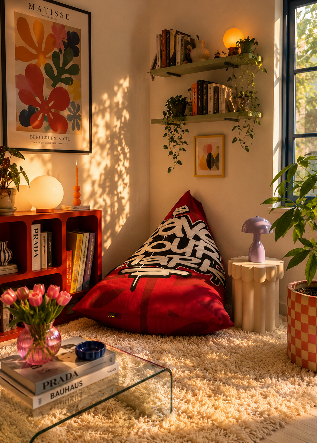 A cozy, sunlit corner of a living room featuring a red floor bean bag with black graffiti-style text, a red shelving unit, a glass coffee table with pink tulips, and a warm yellow wall lamp.