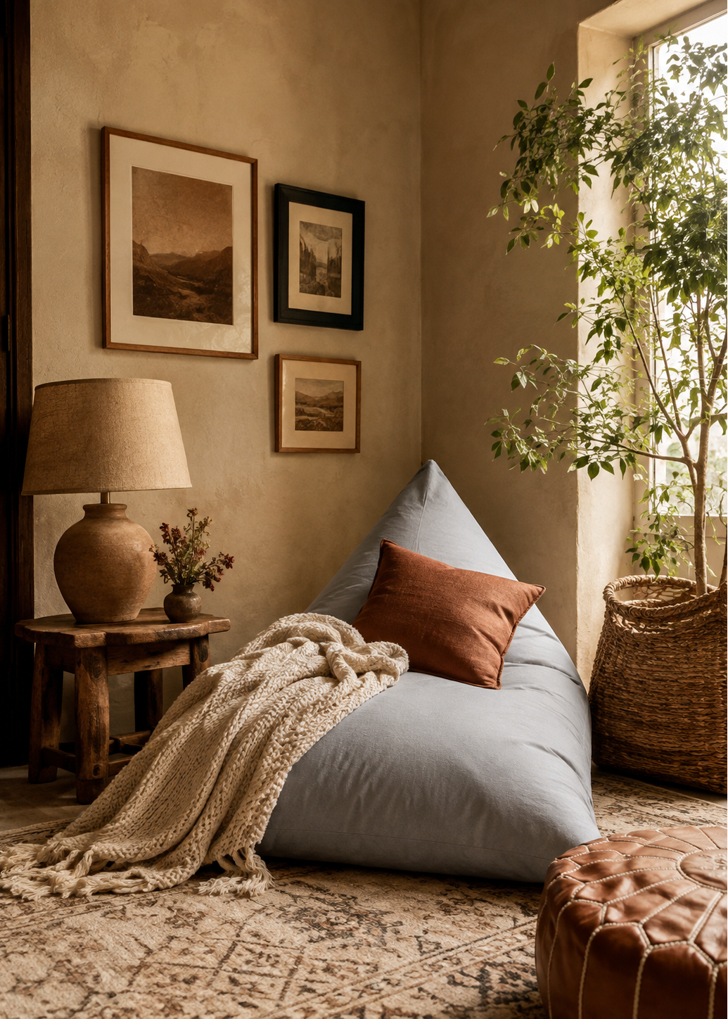 A styled interior corner with a large light blue bean bag chair as the main product, styled with a rust-colored accent pillow and a cream knit throw blanket. The setting features textured beige plaster walls, framed sepia-toned art prints, a rustic wooden side table with a ceramic lamp, a patterned rug, and a potted green tree in a woven basket next to a brown leather pouf.
